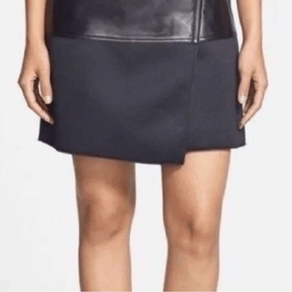 #336-💋HALOGEN 100%Leather(top)/Poly(bottom) Elegant Black Women's Mini Skirt 0